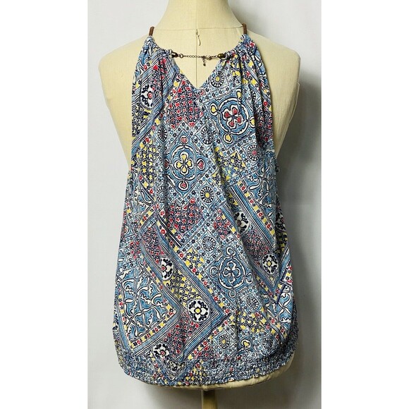Chaps Denim Sleeveless Top XL Woven Strap Chain Closure Paisley Smocked Boho - Picture 2 of 4